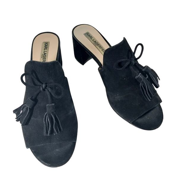 KARL LAGERFELD! BLACK GENUINE SUEDE LEATHER BOW & TASSEL PEEP TOE MULES! SZ 8M - Picture 2 of 10